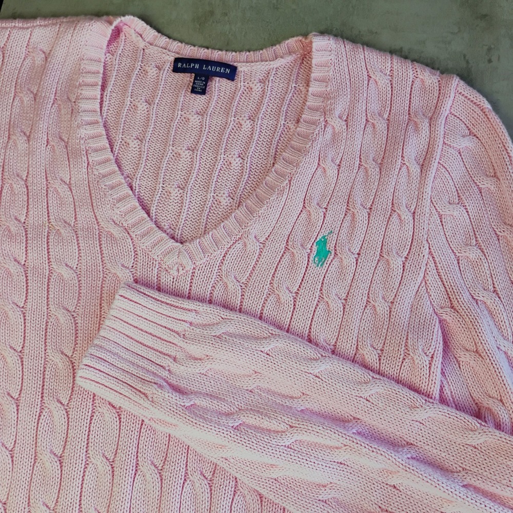Vtg Ralph Lauren Cable Knit Sweater Womens Large Baby Pink Pony Logo Preppy